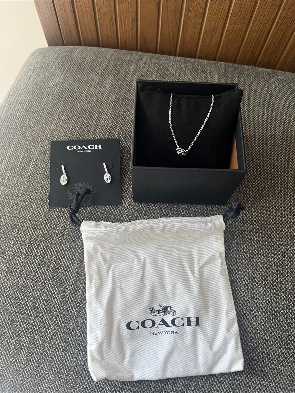 Coach Silver Pendant Necklace with Matching Silver Earrings